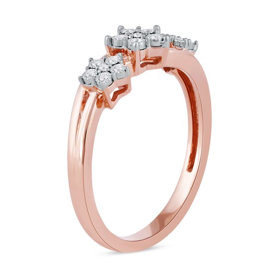 1/15 CT. T.w. Diamond Triple Flower Split Shank Ring in Sterling Silver with 14K Rose Gold Plate