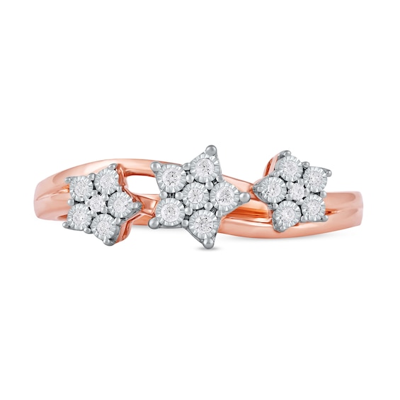 1/15 CT. T.w. Diamond Triple Flower Split Shank Ring in Sterling Silver with 14K Rose Gold Plate