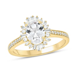 Oval White Lab-Created Sapphire and 1/3 CT. T.W. Diamond Starburst Frame Engagement Ring in 10K Gold