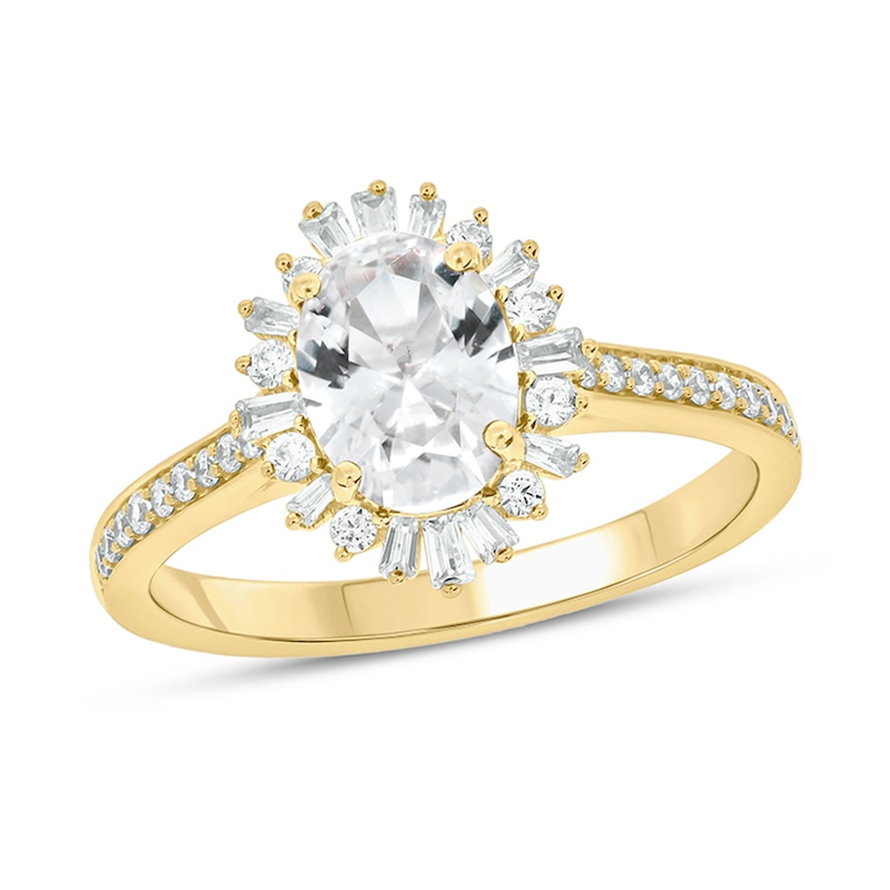 Main Image 1 of Oval White Lab-Created Sapphire and 1/3 CT. T.W. Diamond Starburst Frame Engagement Ring in 10K Gold