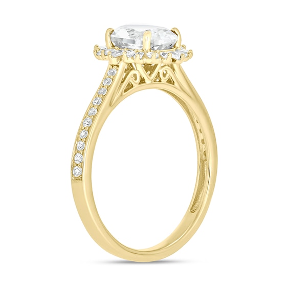 Oval White Lab-Created Sapphire and 1/3 CT. T.w. Diamond Starburst Frame Engagement Ring in 10K Gold