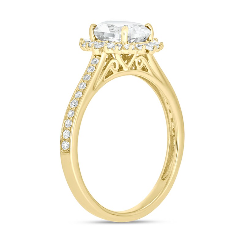 Main Image 2 of Oval White Lab-Created Sapphire and 1/3 CT. T.W. Diamond Starburst Frame Engagement Ring in 10K Gold