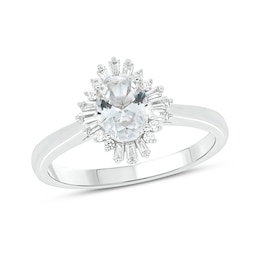 Oval White Lab-Created Sapphire and 1/6 CT. T.W. Diamond Starburst Frame Engagement Ring in 10K White Gold