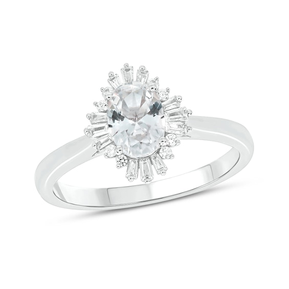 Oval White Lab-Created Sapphire and 1/6 CT. T.w. Diamond Starburst Frame Engagement Ring in 10K White Gold