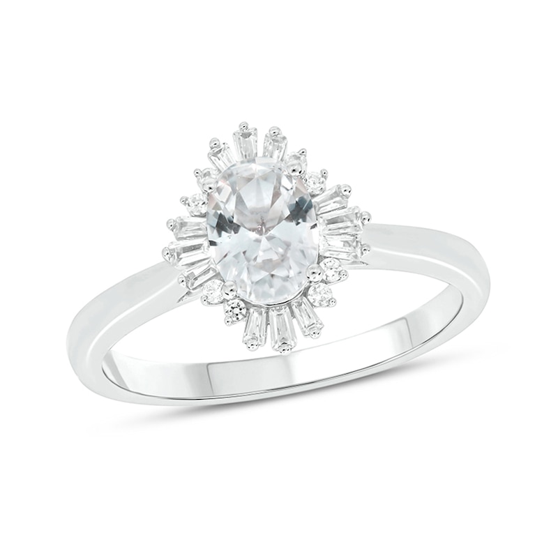 Main Image 1 of Oval White Lab-Created Sapphire and 1/6 CT. T.W. Diamond Starburst Frame Engagement Ring in 10K White Gold