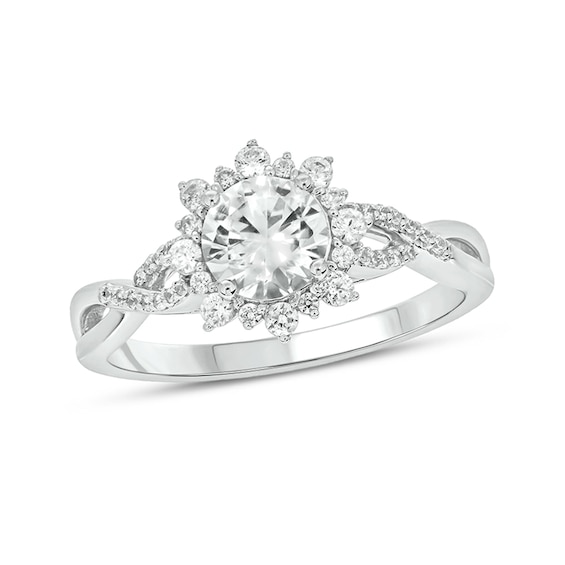 6.0mm White Lab-Created Sapphire and 1/4 CT. T.w. Diamond Sunburst Frame Twist Shank Engagement Ring in 10K Gold