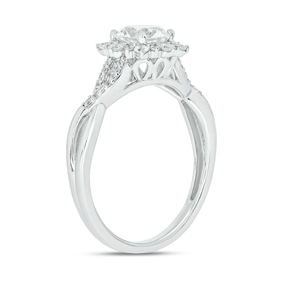 6.0mm White Lab-Created Sapphire and 1/4 CT. T.w. Diamond Sunburst Frame Twist Shank Engagement Ring in 10K Gold