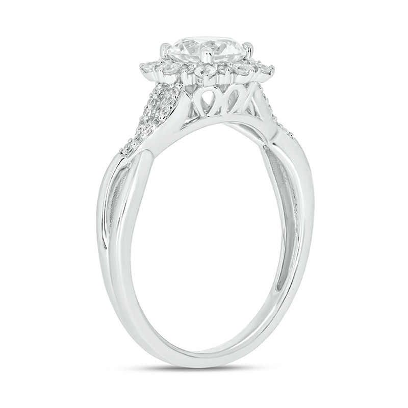 Main Image 2 of 6.0mm White Lab-Created Sapphire and 1/4 CT. T.W. Diamond Sunburst Frame Twist Shank Engagement Ring in 10K Gold