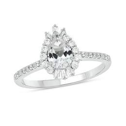 Pear-Shaped White Lab-Created Sapphire and 1/4 CT. T.W. Diamond Burst Frame Engagement Ring in 10K White Gold