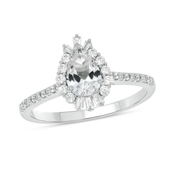 Pear-Shaped White Lab-Created Sapphire and 1/4 CT. T.w. Diamond Burst Frame Engagement Ring in 10K White Gold