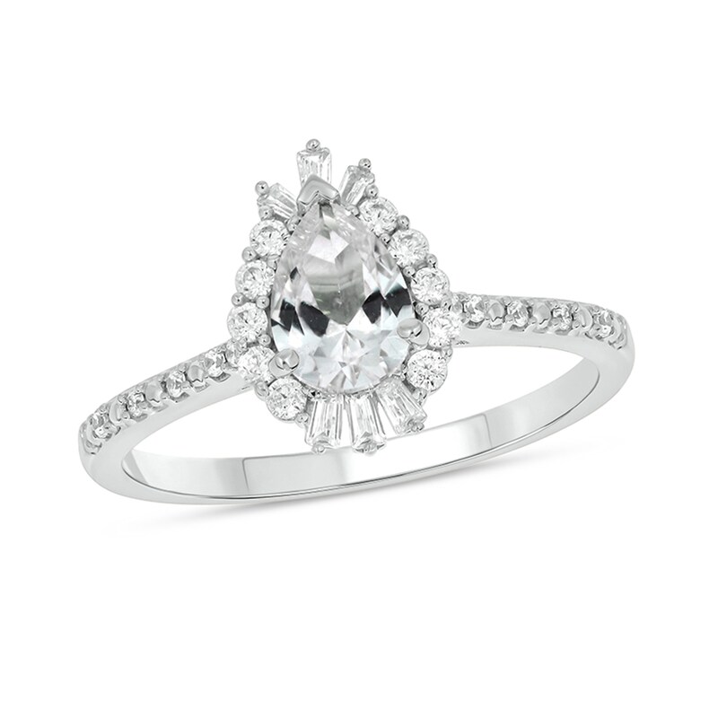 Main Image 1 of Pear-Shaped White Lab-Created Sapphire and 1/4 CT. T.W. Diamond Burst Frame Engagement Ring in 10K White Gold
