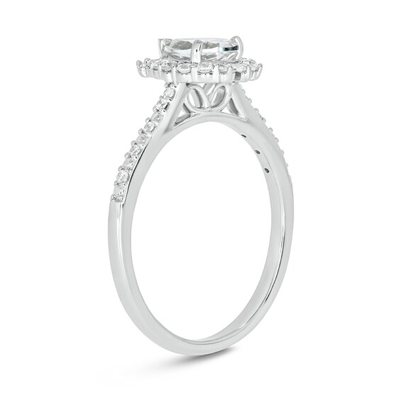 Pear-Shaped White Lab-Created Sapphire and 1/4 CT. T.w. Diamond Burst Frame Engagement Ring in 10K White Gold