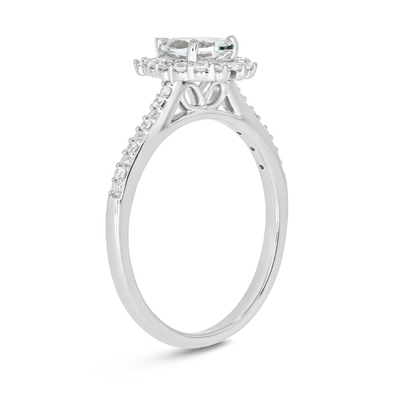 Main Image 2 of Pear-Shaped White Lab-Created Sapphire and 1/4 CT. T.W. Diamond Burst Frame Engagement Ring in 10K White Gold