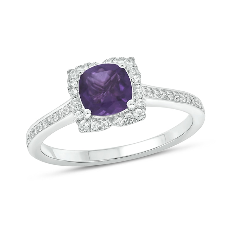 Main Image 1 of 6.0mm Cushion-Cut Amethyst and 1/5 CT. T.W. Diamond Art Deco Frame Engagement Ring in 10K White Gold