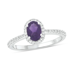 Oval Amethyst and 1/4 CT. T.W. Diamond Frame Tapered Shank Engagement Ring in 10K White Gold