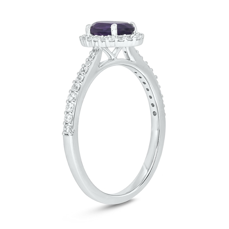 Main Image 2 of Oval Amethyst and 1/4 CT. T.W. Diamond Frame Tapered Shank Engagement Ring in 10K White Gold