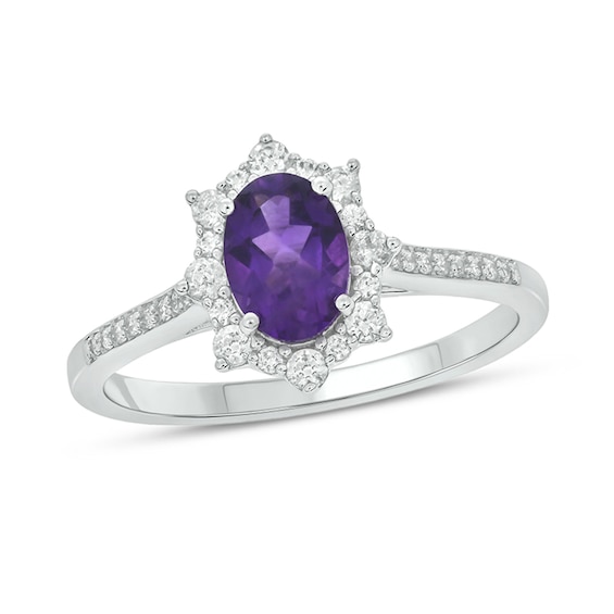 Oval Amethyst and 1/4 CT. T.w. Diamond Starburst Frame Engagement Ring in 10K White Gold