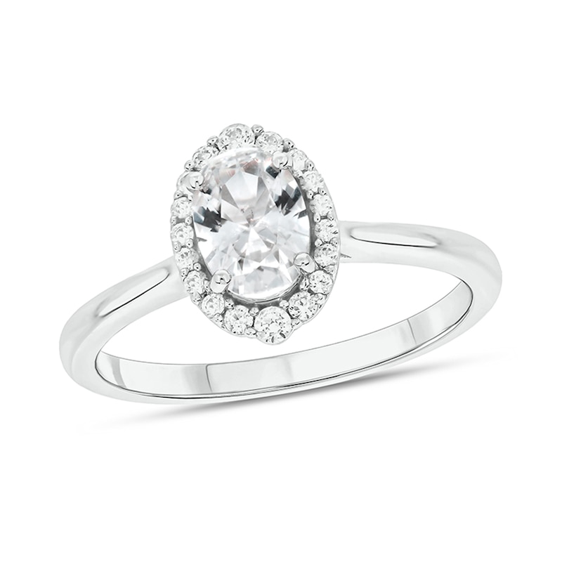 Main Image 1 of Oval White Lab-Created Sapphire and 1/6 CT. T.W. Diamond Frame Engagement Ring in 10K White Gold