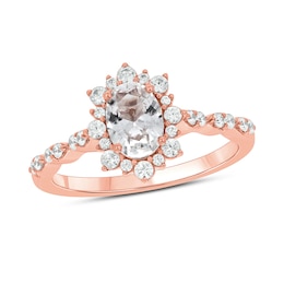 Oval White Lab-Created Sapphire and 1/3 CT. T.W. Diamond Starburst Frame Scallop Shank Engagement Ring in 10K Rose Gold