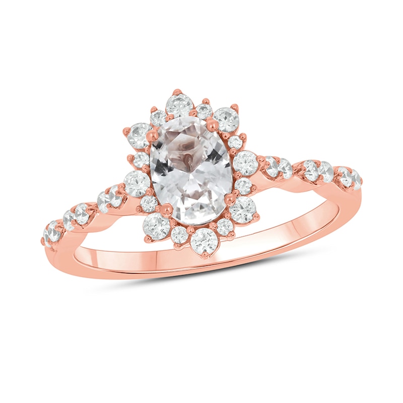Main Image 1 of Oval White Lab-Created Sapphire and 1/3 CT. T.W. Diamond Starburst Frame Scallop Shank Engagement Ring in 10K Rose Gold