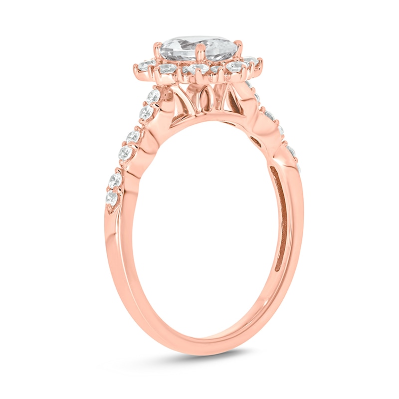 Main Image 2 of Oval White Lab-Created Sapphire and 1/3 CT. T.W. Diamond Starburst Frame Scallop Shank Engagement Ring in 10K Rose Gold