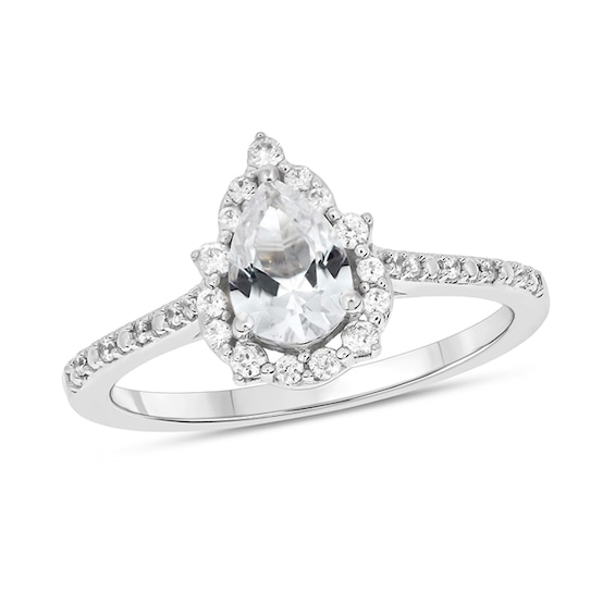 Pear-Shaped White Lab-Created Sapphire and 1/5 CT. T.w. Diamond Pointed Frame Engagement Ring in 10K White Gold