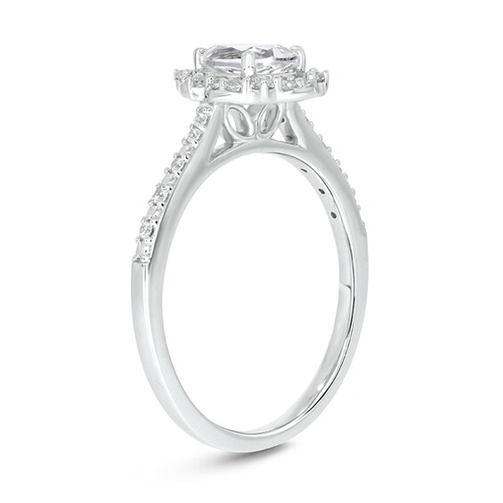 Pear-Shaped White Lab-Created Sapphire and 1/5 CT. T.w. Diamond Pointed Frame Engagement Ring in 10K White Gold