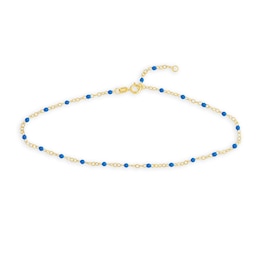Enamel Cobalt Bead Station Anklet in 14K Gold - 10"