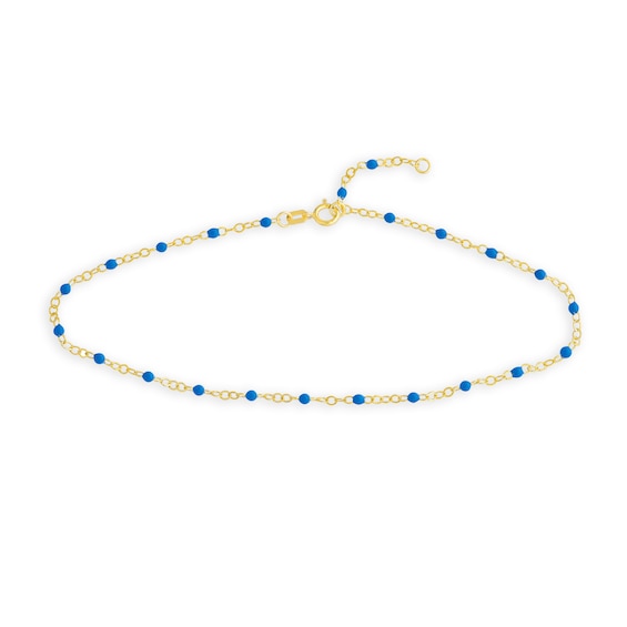 Enamel Cobalt Bead Station Anklet in 14K Gold - 10"