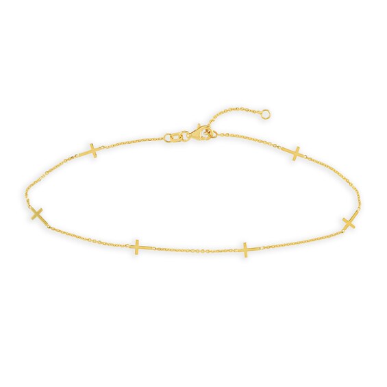 Six Sideways Cross Station Anklet in 14K Gold - 10"