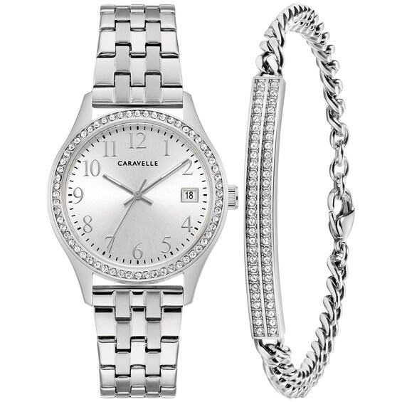 Ladies' Caravelle by Bulova Crystal Accent Watch with Silver-Tone Dial and Bracelet Box Set (Model: 43X104)