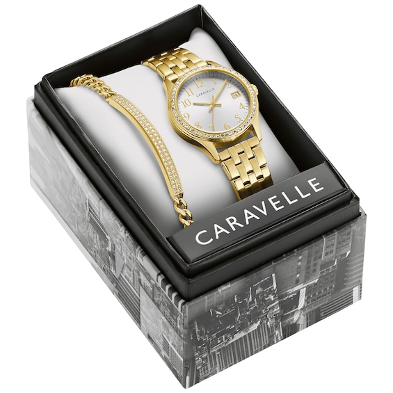 Ladies' Caravelle by Bulova Crystal Accent Gold-Tone Watch and Bracelet Box Set (Model: 44X101)