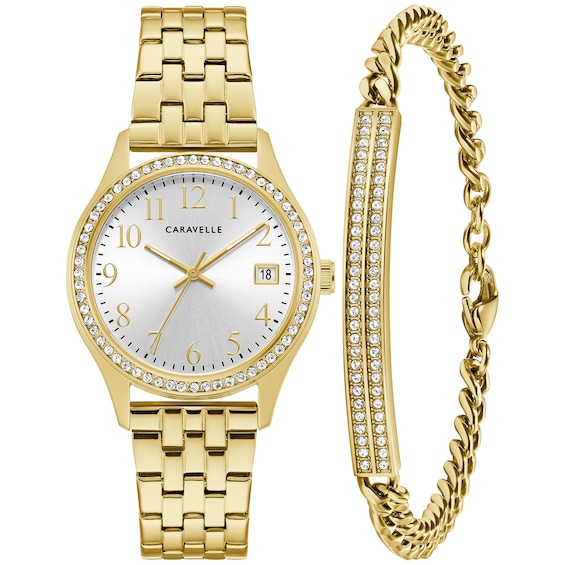 Ladies' Caravelle by Bulova Crystal Accent Gold-Tone Watch and Bracelet Box Set (Model: 44X101)