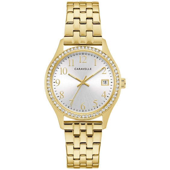 Ladies' Caravelle by Bulova Crystal Accent Gold-Tone Watch and Bracelet Box Set (Model: 44X101)