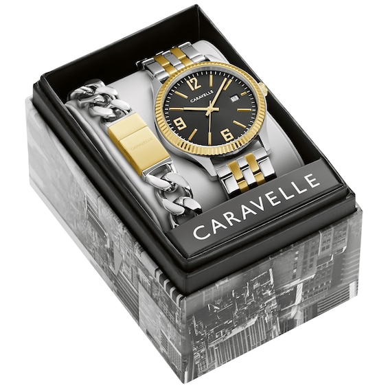 Men's Caravelle by Bulova Two-Tone Watch with Black Dial and Bracelet Box Set (Model: 45K000)