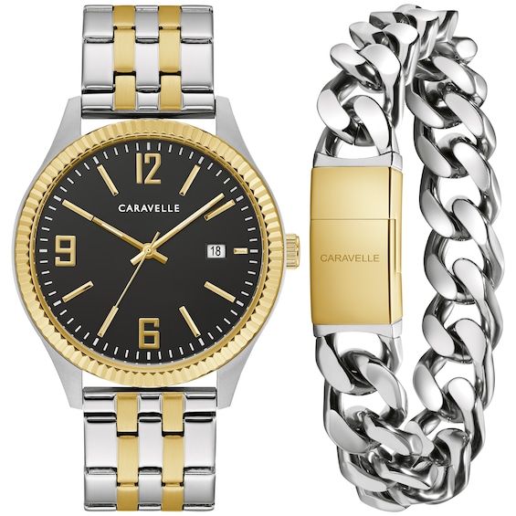 Men's Caravelle by Bulova Two-Tone Watch with Black Dial and Bracelet Box Set (Model: 45K000)