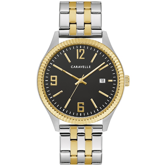 Men's Caravelle by Bulova Two-Tone Watch with Black Dial and Bracelet Box Set (Model: 45K000)