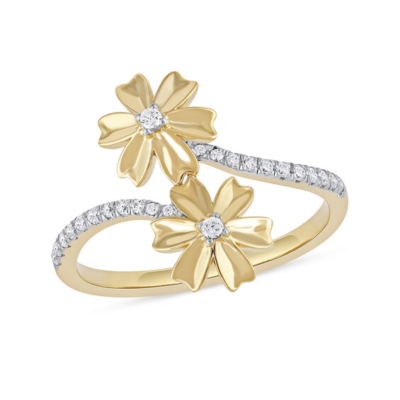 1/6 CT. T.w. Diamond Double Flower Bypass Ring in Sterling Silver with 14K Gold Plate