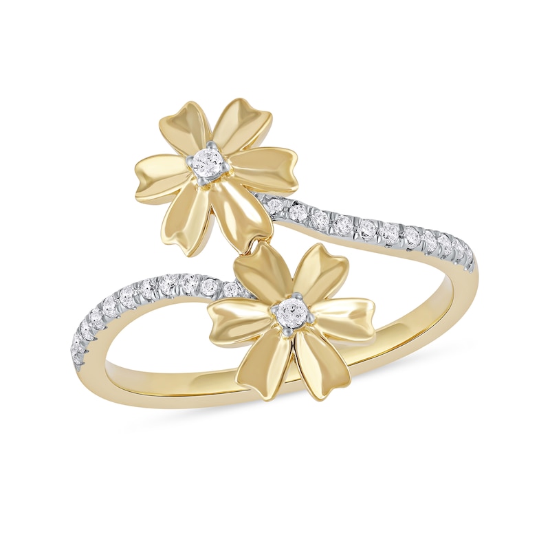 Main Image 1 of 1/6 CT. T.W. Diamond Double Flower Bypass Ring in Sterling Silver with 14K Gold Plate