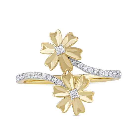 1/6 CT. T.w. Diamond Double Flower Bypass Ring in Sterling Silver with 14K Gold Plate