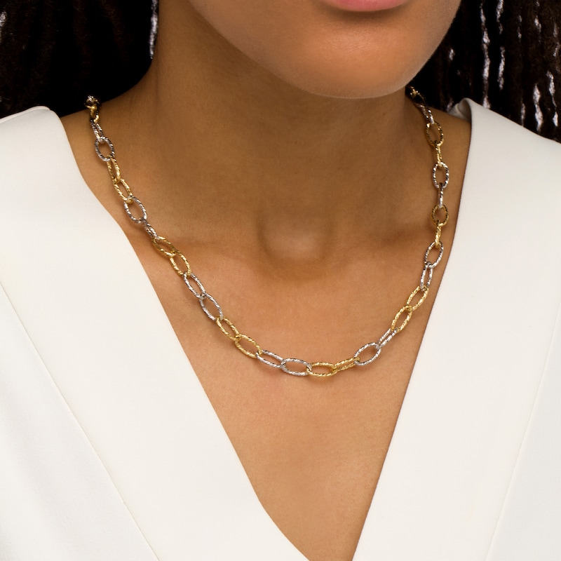 Oro Diamante™ Alternating Diamond-Cut Paper Clip Link Chain Necklace in Hollow 14K Two-Tone Gold – 18.25"