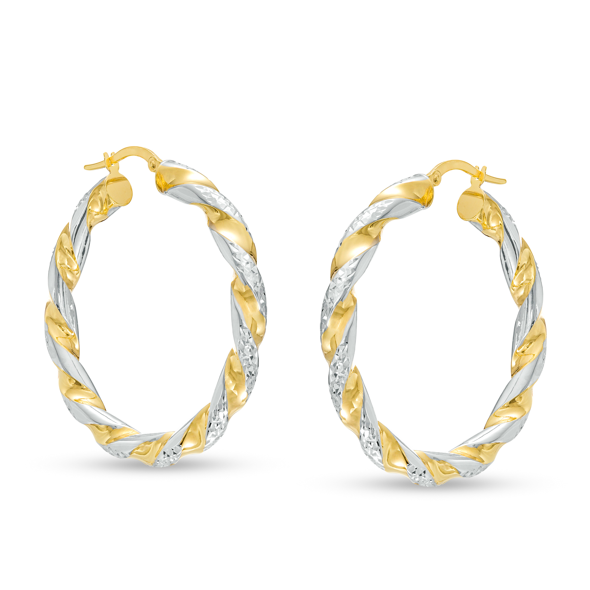 Thumbnail Image 1 of Oro Diamante™ 30.0mm Diamond-Cut Twisted Tube Hoop Earrings in 14K Two-Tone Gold