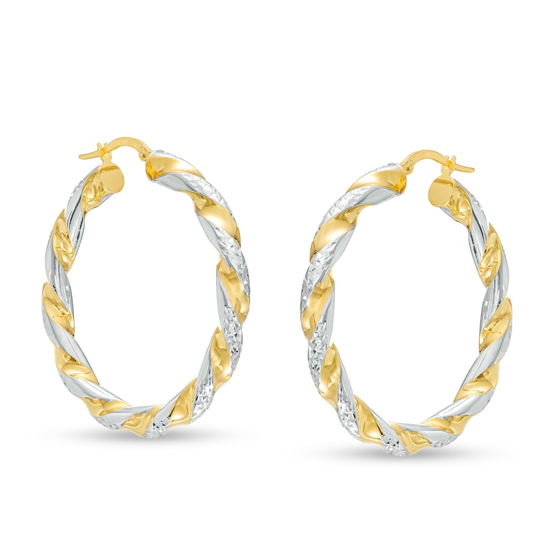 Main Image 1 of Oro Diamante™ 30.0mm Diamond-Cut Twisted Tube Hoop Earrings in 14K Two-Tone Gold
