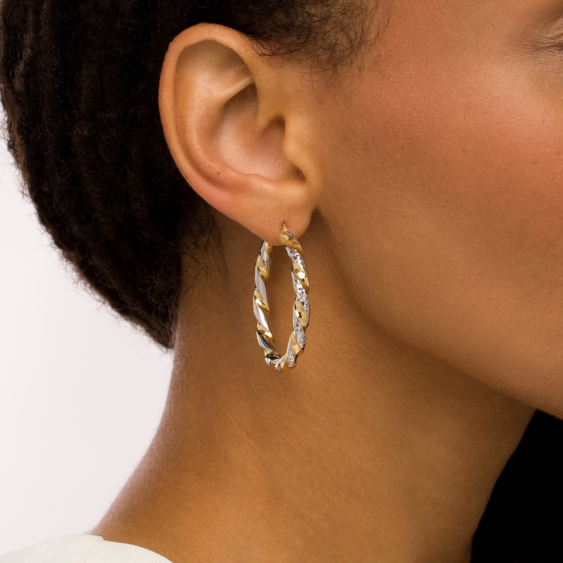 Main Image 2 of Oro Diamante™ 30.0mm Diamond-Cut Twisted Tube Hoop Earrings in 14K Two-Tone Gold