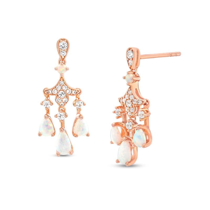 Main Image 1 of Pear-Shaped Lab-Created Opal and White Lab-Created Sapphire Drop Earrings in Sterling Silver with 14K Rose Gold Plate