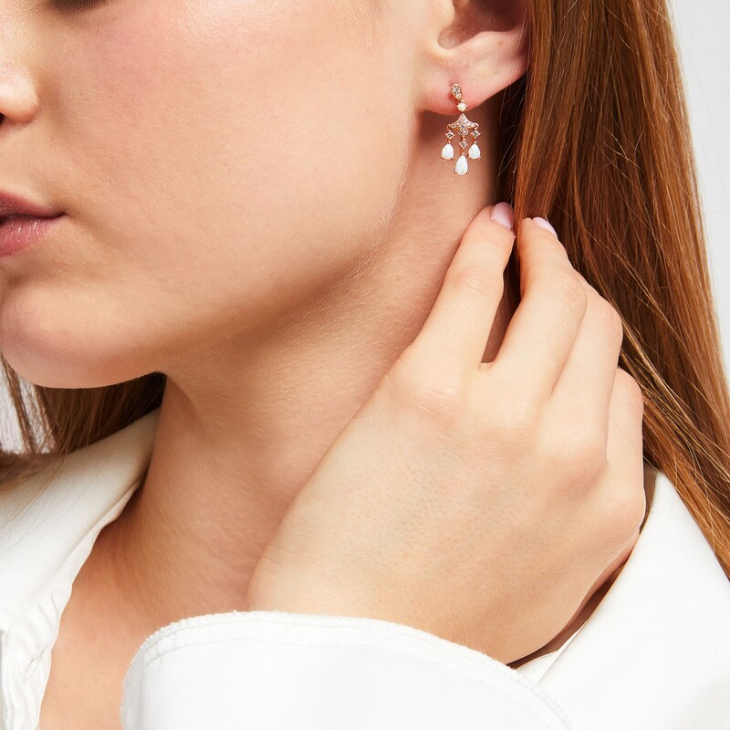 Main Image 2 of Pear-Shaped Lab-Created Opal and White Lab-Created Sapphire Drop Earrings in Sterling Silver with 14K Rose Gold Plate