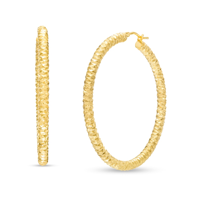 Main Image 1 of Oro Diamante™ 40.0mm Diamond-Cut Tube Hoop Earrings in 14K Gold