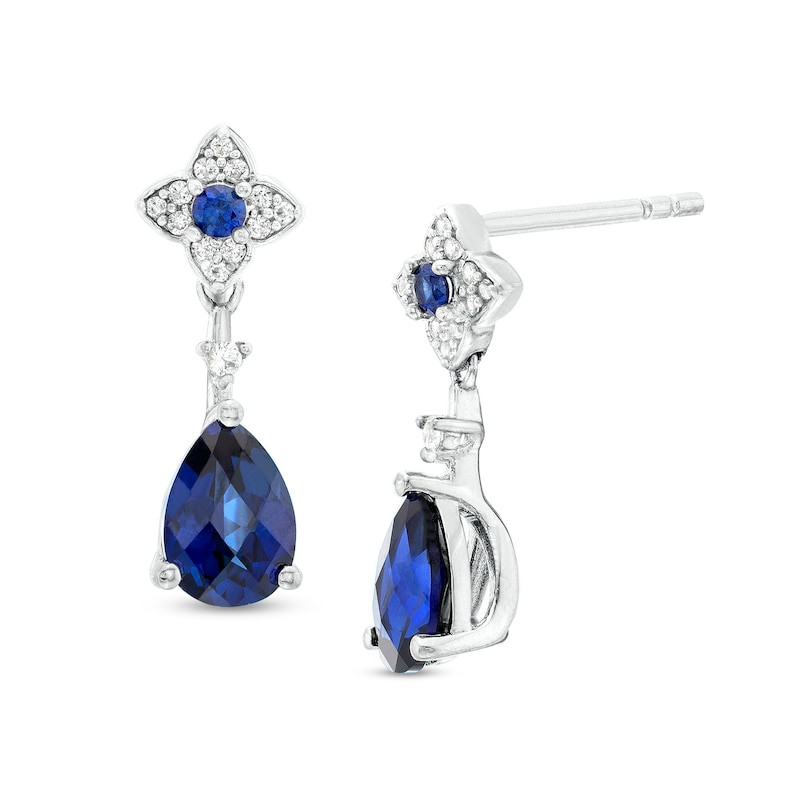 Pear-Shaped Blue and White Lab-Created Sapphire Flower Drop Earrings in Sterling Silver