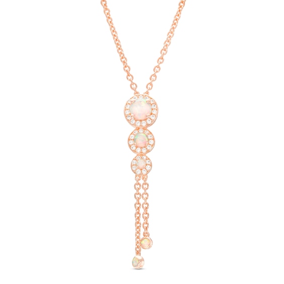 Lab-Created Opal and White Lab-Created Sapphire Frame Graduated Trio Pendant in Sterling Silver with 14K Rose Gold Plate