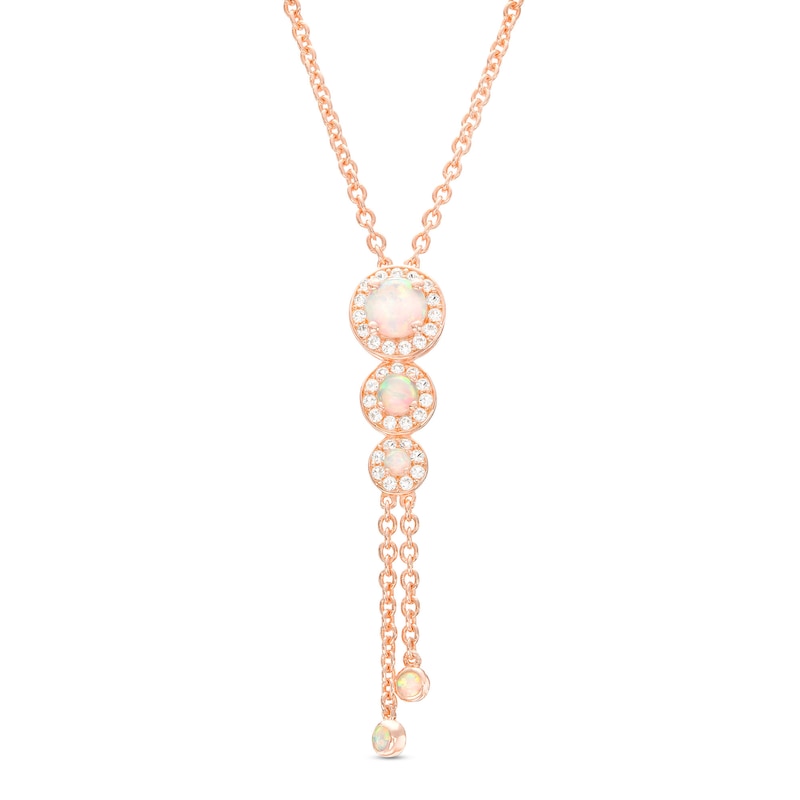 Main Image 1 of Lab-Created Opal and White Lab-Created Sapphire Frame Graduated Trio Pendant in Sterling Silver with 14K Rose Gold Plate